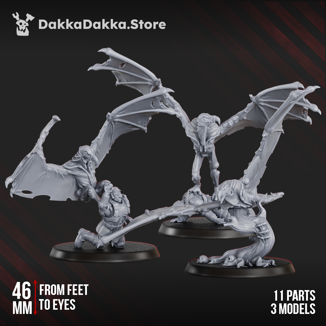 Sporehawks Squad by DakkaDakka, featuring three winged sci-fi monster miniatures with torn membrane wings, long beaked faces, and eerie bio-horror details.