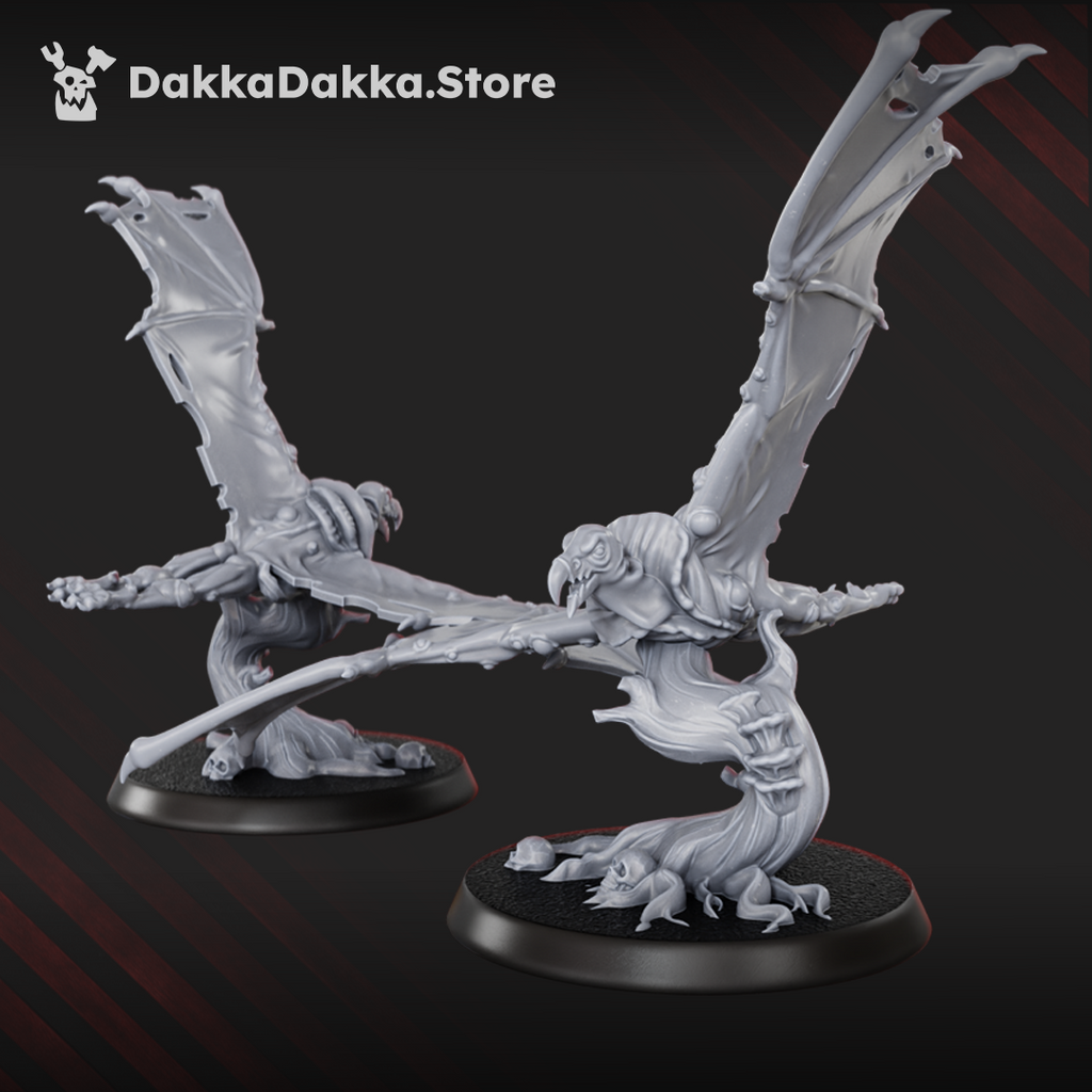 Sporehawk sci-fi monster miniature by DakkaDakka, shown with wide tattered wings and a fallen soldier detail on the base.