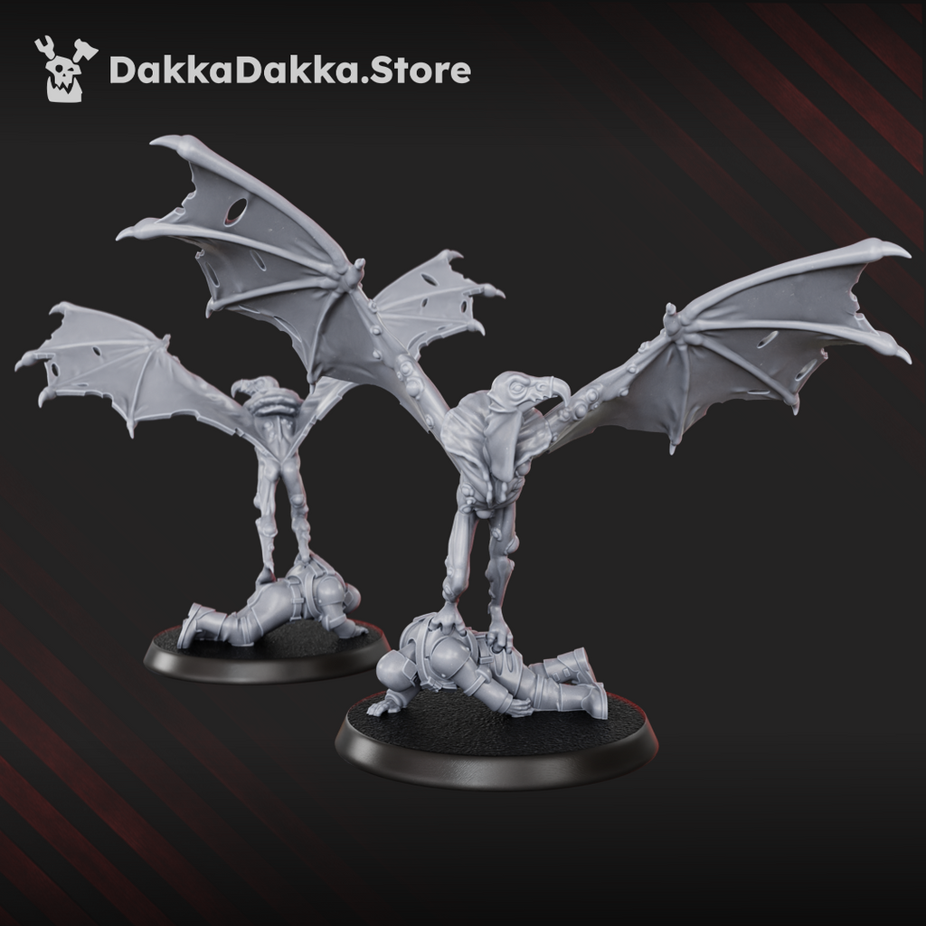 Flying Sporehawk creature miniature by DakkaDakka, shown swooping over a scenic base with long wings, claws, and an elongated hooked face.