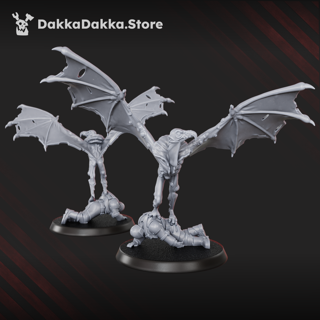 Flying Sporehawk creature miniature by DakkaDakka, shown swooping over a scenic base with long wings, claws, and an elongated hooked face.