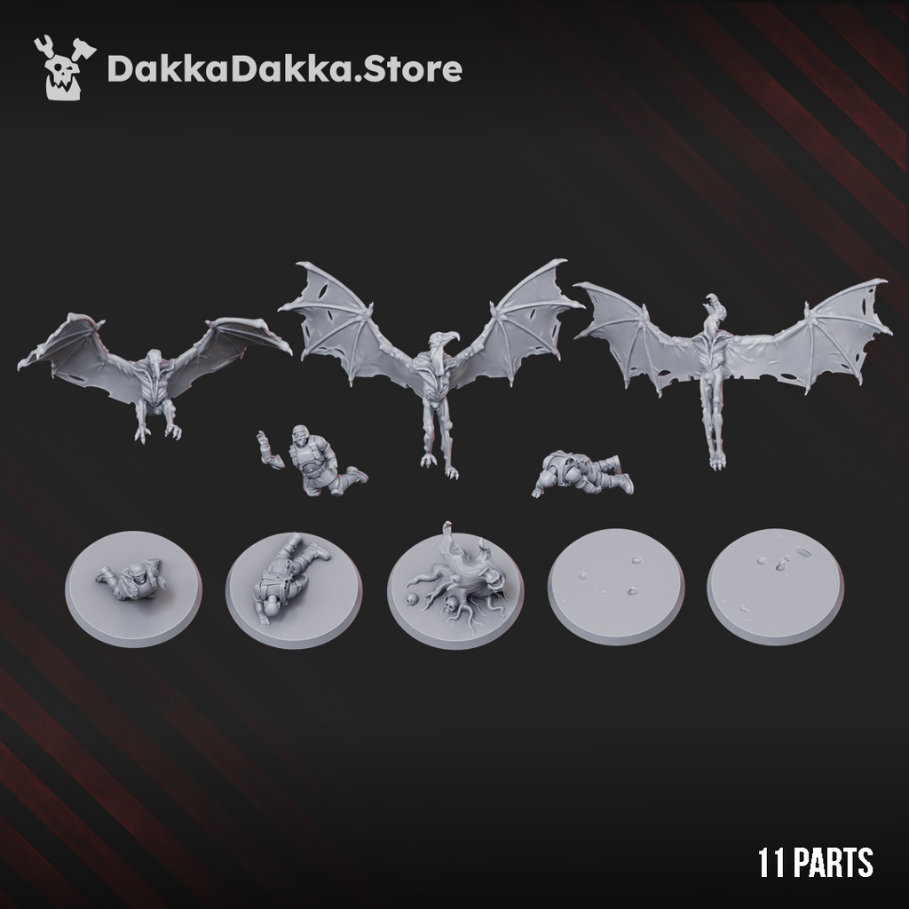 Sporehawks Squad parts layout by DakkaDakka, showing three winged creature miniatures with included base components and assembly parts.