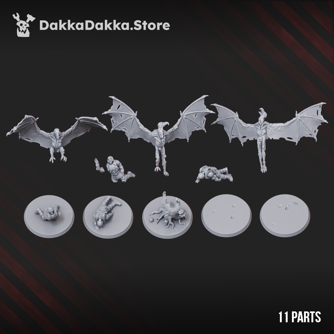 Sporehawks Squad parts layout by DakkaDakka, showing three winged creature miniatures with included base components and assembly parts.