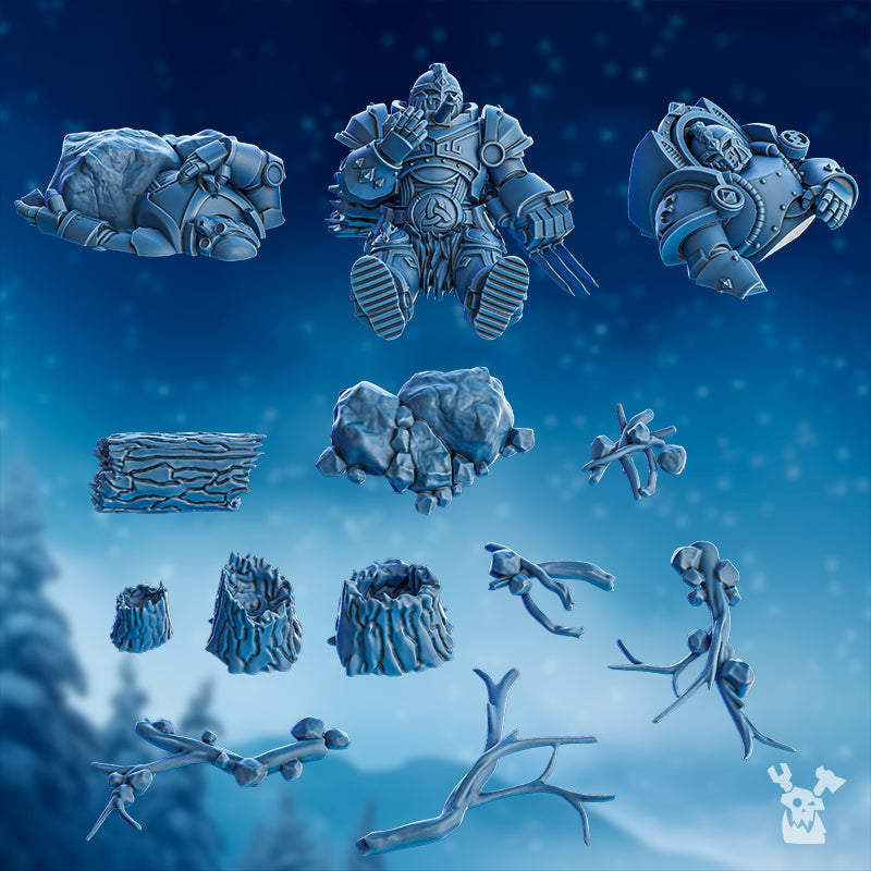StormBringer base decoration kit by DakkaDakka, showing resin scenic bits with rocks, logs, branches, stumps, debris, and winter fantasy basing details.