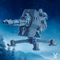 Stormbringers Turret miniature by DakkaDakka, shown as a resin fantasy artillery piece with armored gunner, shield plating, heavy weapon barrels, and stabilized base.