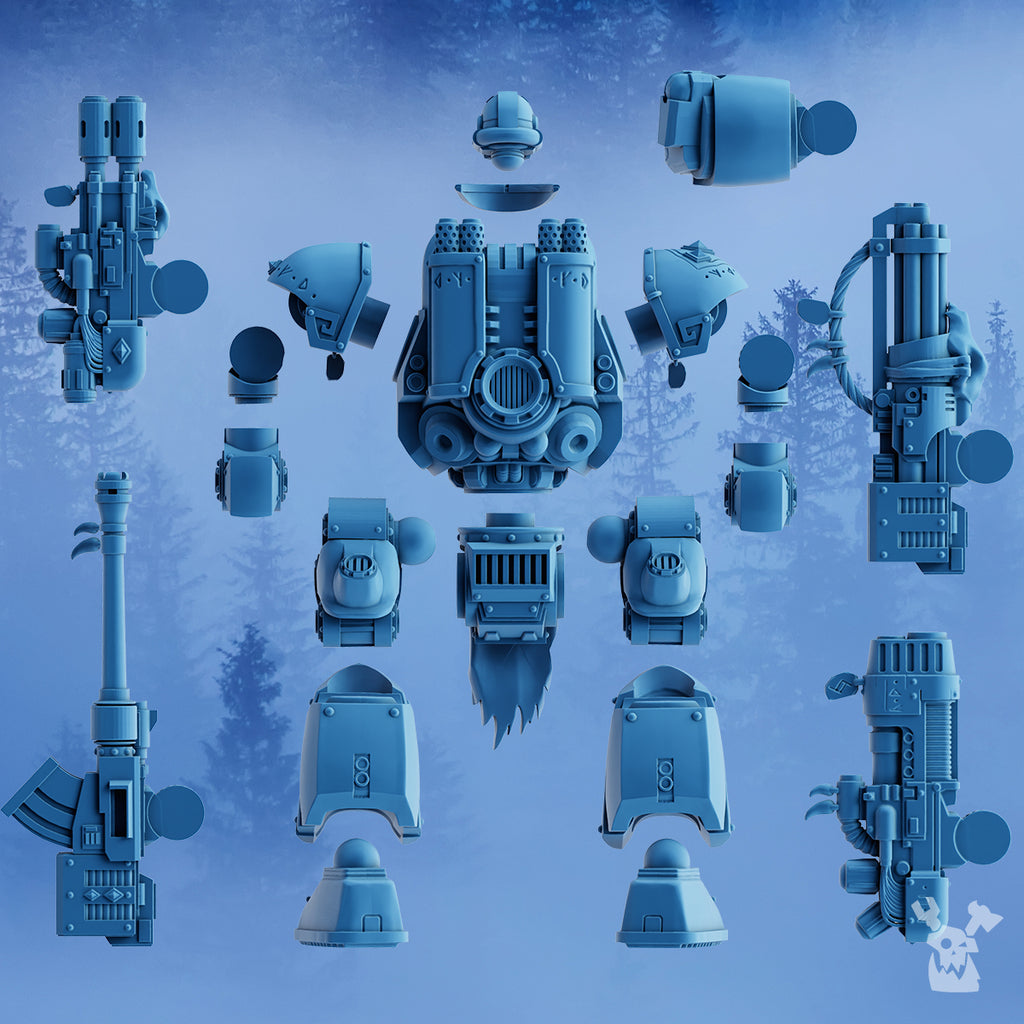 Alternate rear view of the StormDread parts layout showing the rear armor, weapon options, shoulder armor, legs, and sci-fi mechanical components.