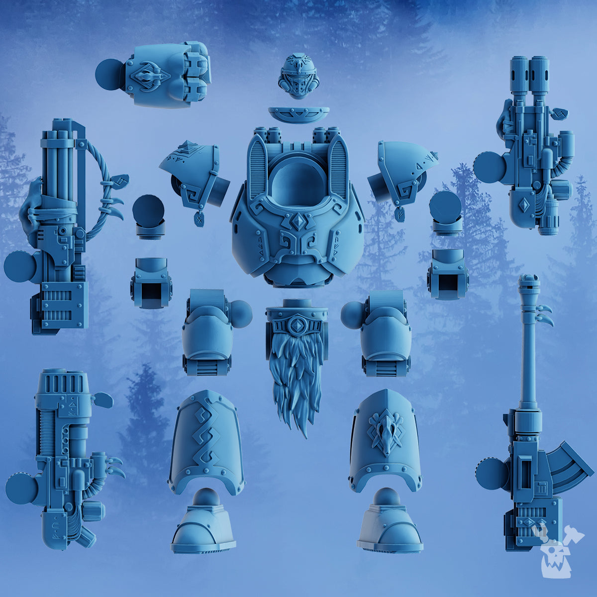 StormDread modular parts layout by DakkaDakka showing armor pieces, weapon arms, shoulder plates, legs, torso, and head options.