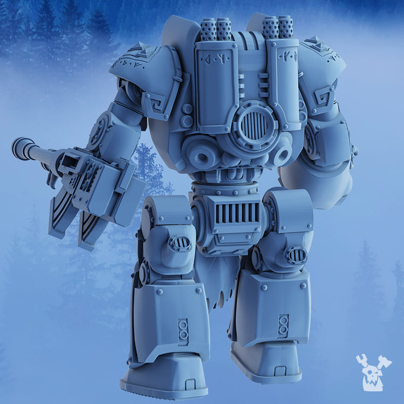 Rear view of the StormDread sci-fi walker miniature showing mechanical armor detail, exhaust vents, shoulder plates, and heavy weapon arm.
