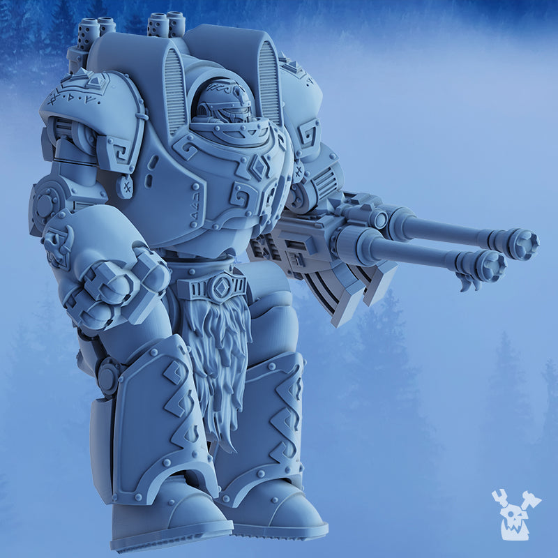 Side view of the StormDread by DakkaDakka, a heavy sci-fi resin walker from the StormBringers line with large armor plates, twin guns, and clenched fist.