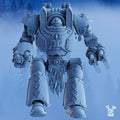 Front view of the assembled StormDread resin walker with heavy armor, large mechanical fists, twin weapon arm, and StormBringers-style details.