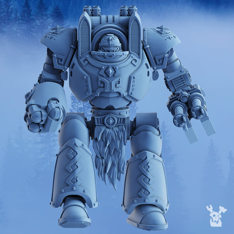 Front view of the assembled StormDread resin walker with heavy armor, large mechanical fists, twin weapon arm, and StormBringers-style details.