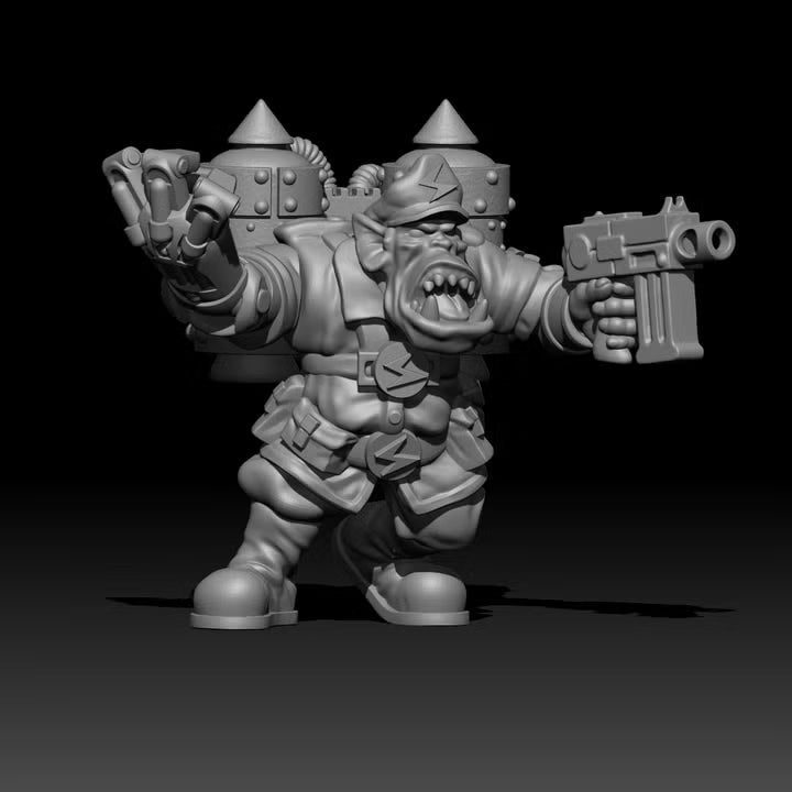 Scrapjet Raiders captain miniature by Trollet Miniatures with boost pack, pistol, raised mechanical hand, and improvised sci-fi gear