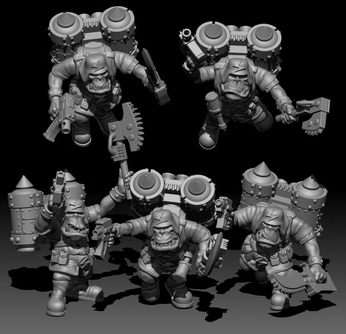 Six Scrapjet Raiders sci-fi greenskin resin miniatures by Trollet Miniatures, shown as a complete squad including captain