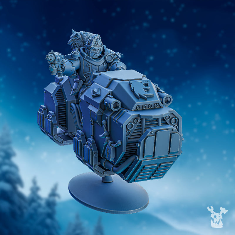 StormBringers biker miniature by DakkaDakka with wolf detail, pistol, heavy armored bike, and frost-themed sci-fi armor.