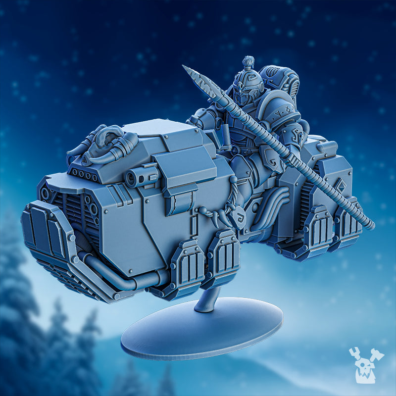 StormBringers biker miniature by DakkaDakka armed with a long spear, riding a heavy armored sci-fi bike with frost-warrior styling.