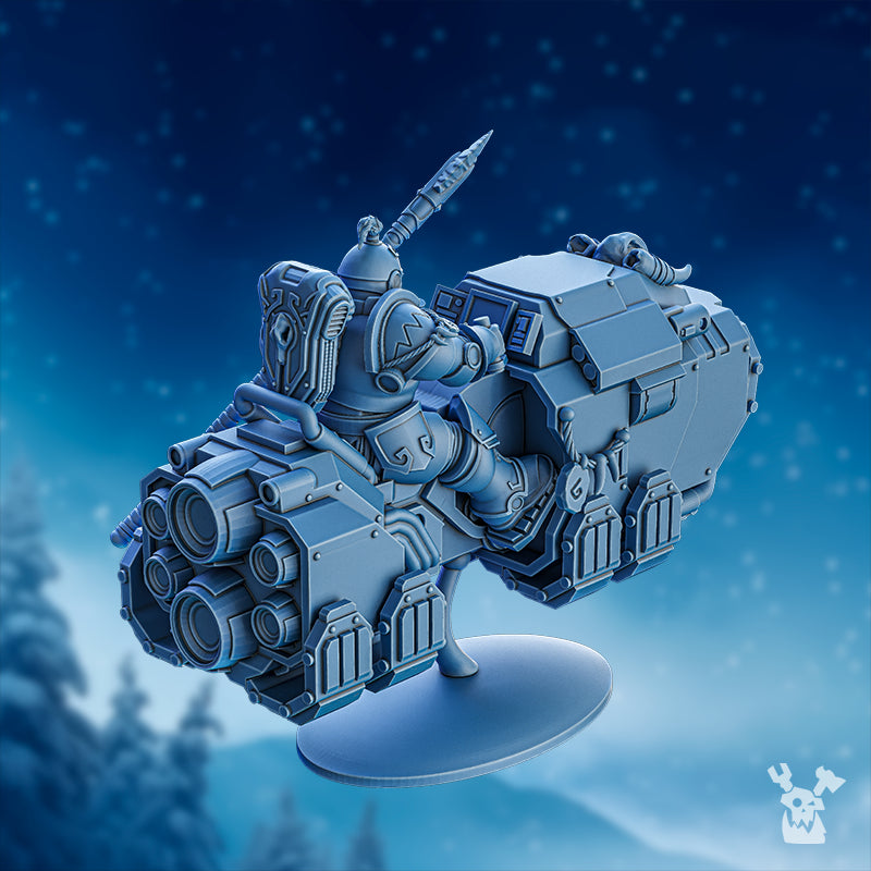 Rear view of a StormBringers biker miniature by DakkaDakka, showing the spear, armor panels, bike engines, and mounted sci-fi details.