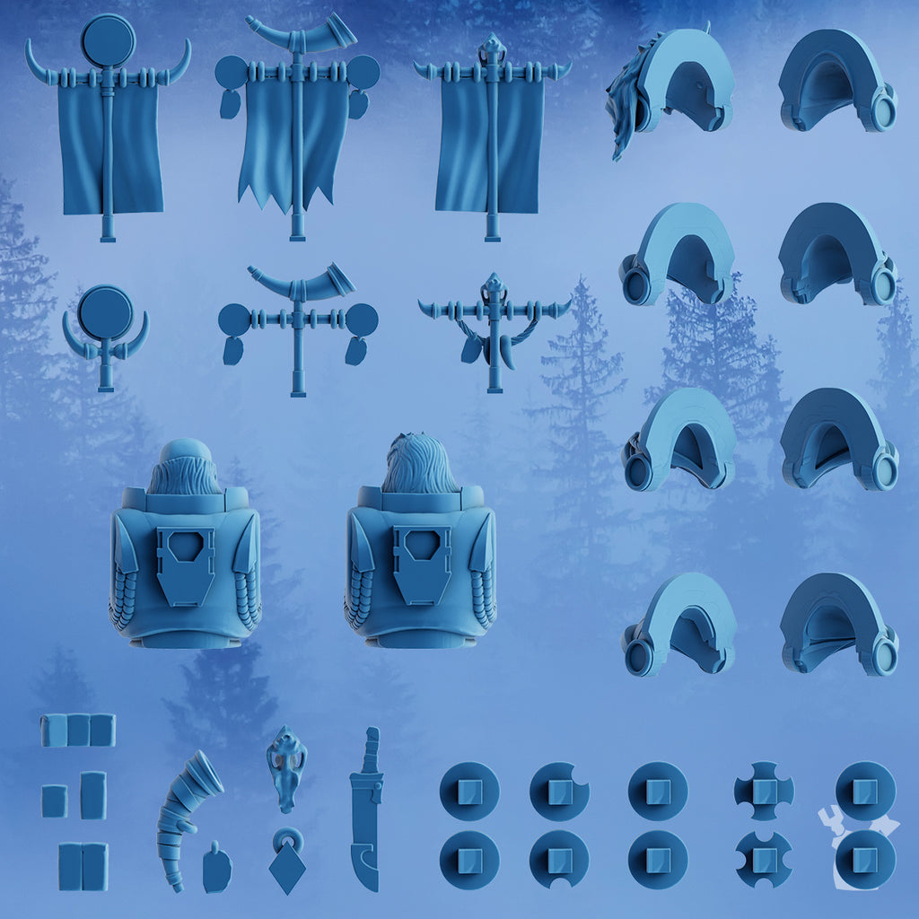Rear view of the Stormbringer Bits & Banners Upgrade Set by DakkaDakka showing banner backs, shoulder armor pieces, torso backs, rune plates, pouches, horn, knife, and small resin accessories.