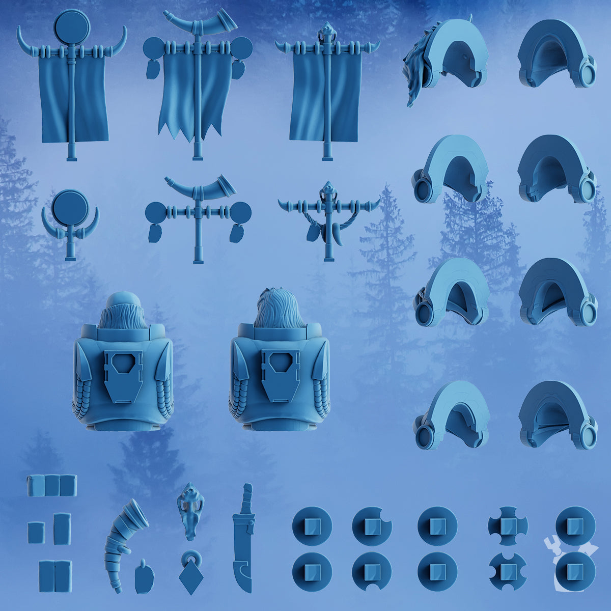 Rear view of the Stormbringer Bits & Banners Upgrade Set by DakkaDakka showing banner backs, shoulder armor pieces, torso backs, rune plates, pouches, horn, knife, and small resin accessories.