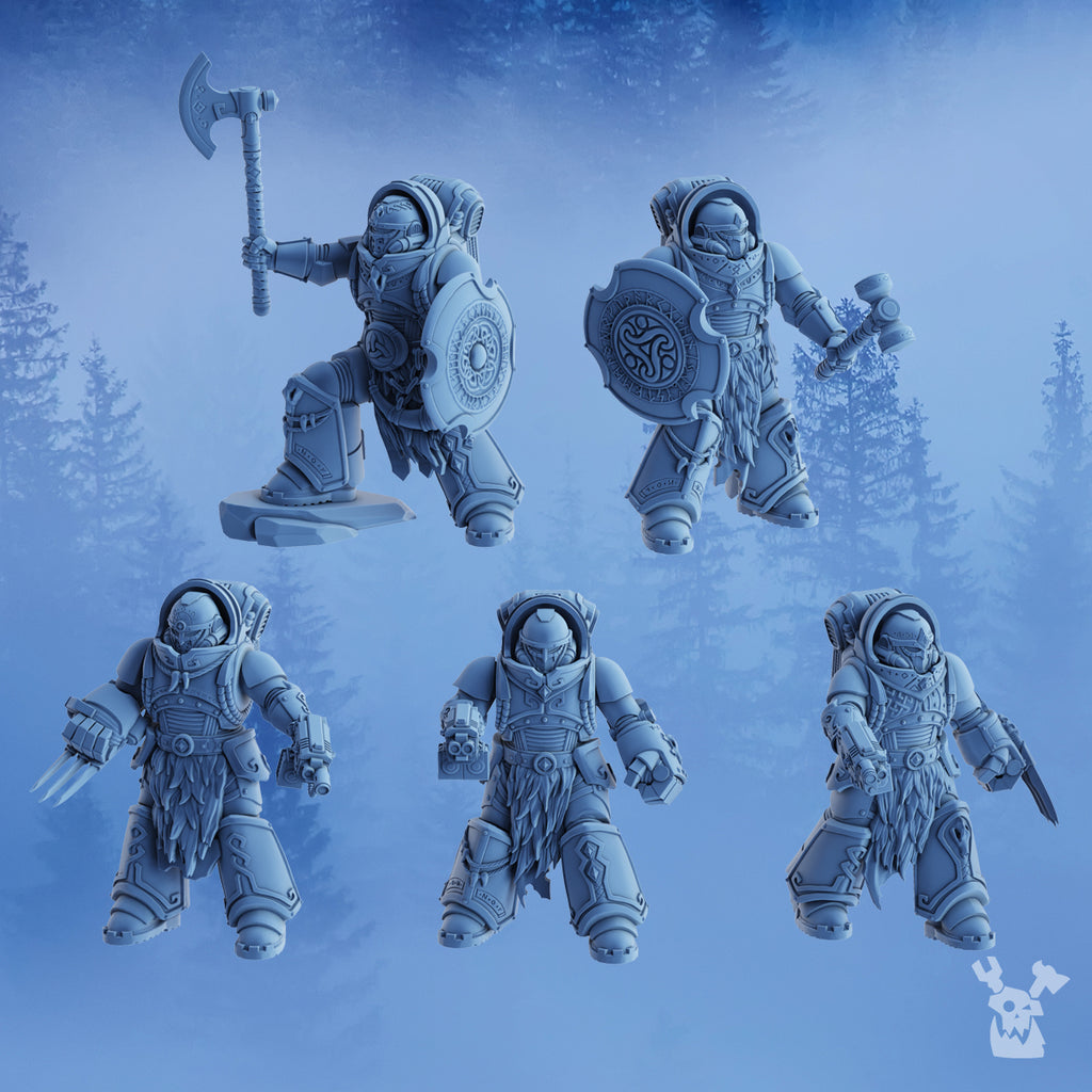 Icebreakers Squad by DakkaDakka, a 5-model Stormbringers sci-fi resin infantry squad with heavy armor, shields, axes, pistols, clawed fists, and frost-warrior details.