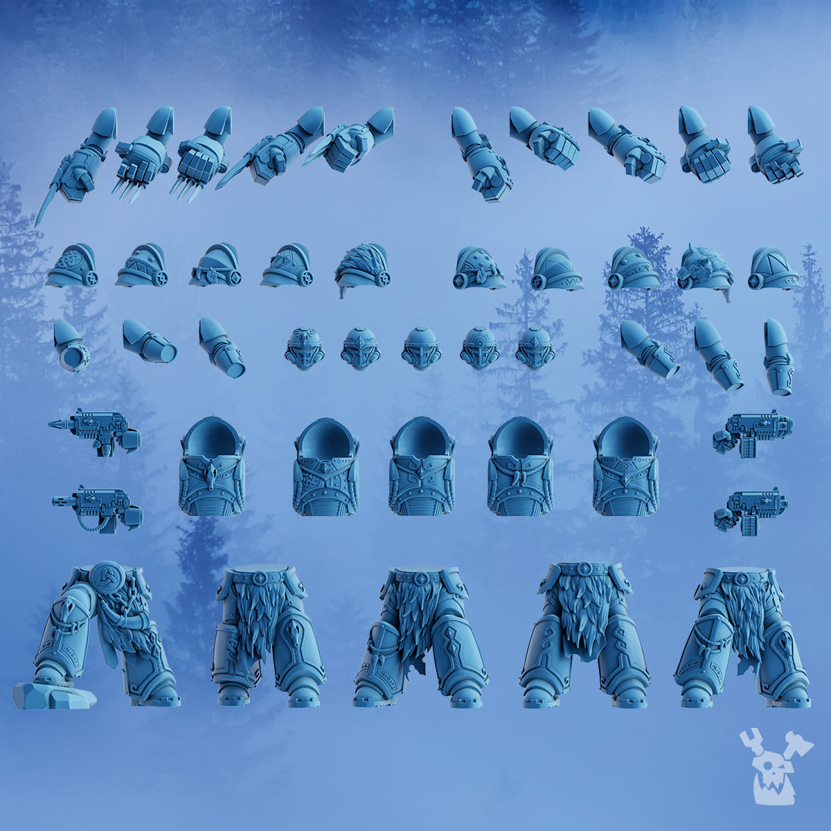 Modular parts for the DakkaDakka Icebreakers Squad, showing heads, arms, weapons, pistols, torsos, legs, and armor components for custom sci-fi infantry builds.