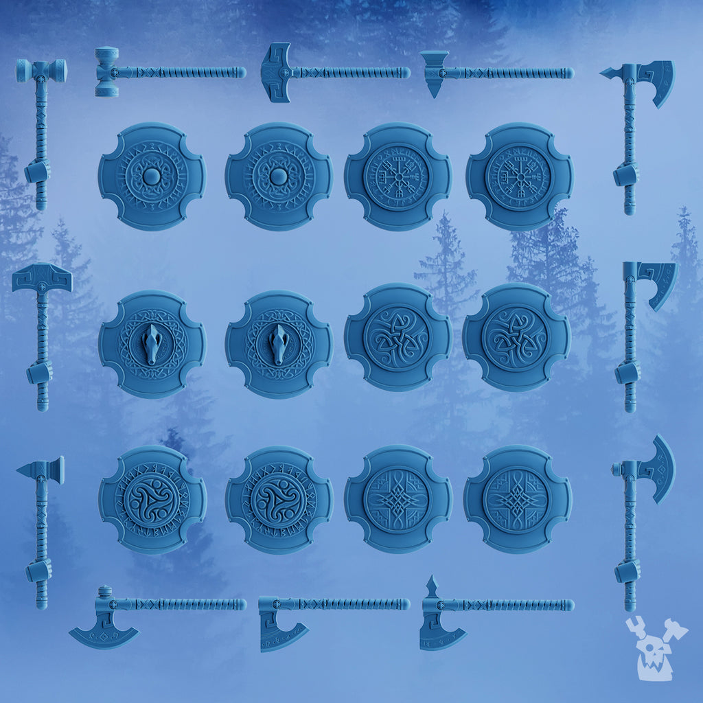 Weapon and shield options for the DakkaDakka Icebreakers Squad, showing round shields with runic designs and multiple axe, hammer, and polearm-style weapons.
