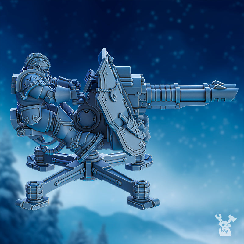 Side view of the Stormbringers Turret by DakkaDakka, showing the armored gunner, long weapon barrel, reinforced shield, mechanical details, and turret base.
