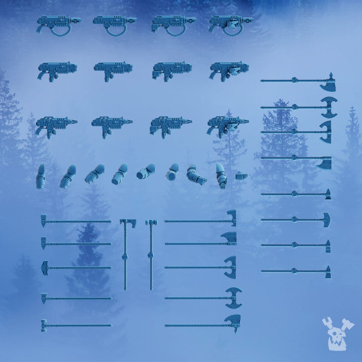 Stormbringer Weapons Upgrade Set by DakkaDakka, showing resin sci-fi conversion bits with ranged weapons, melee weapons, weapon arms, hands, and modular upgrade parts.