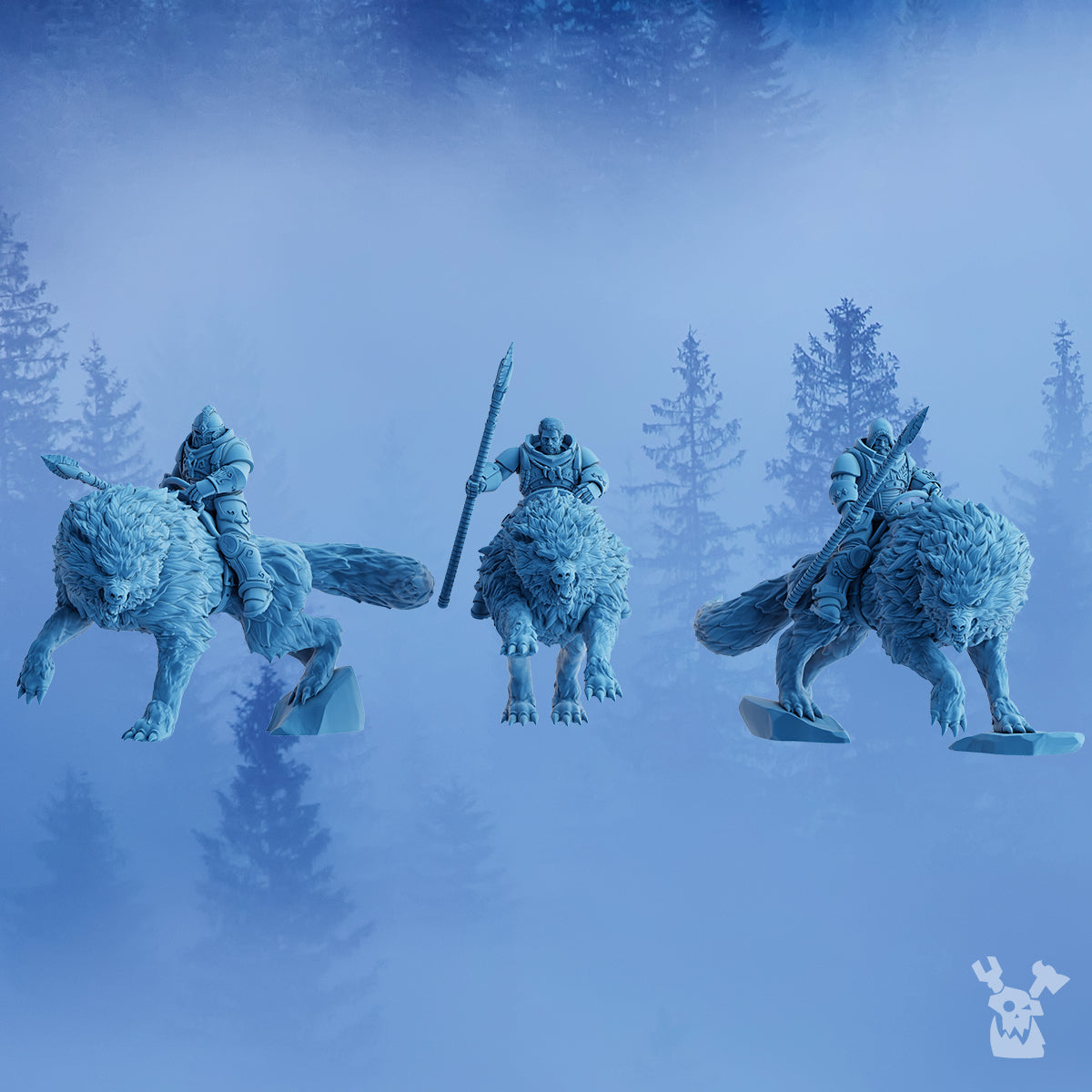 Wolfriders Squad by DakkaDakka, a 3-model Stormbringers mounted sci-fi resin squad with armored riders, long spears, and large wolf-like mounts.