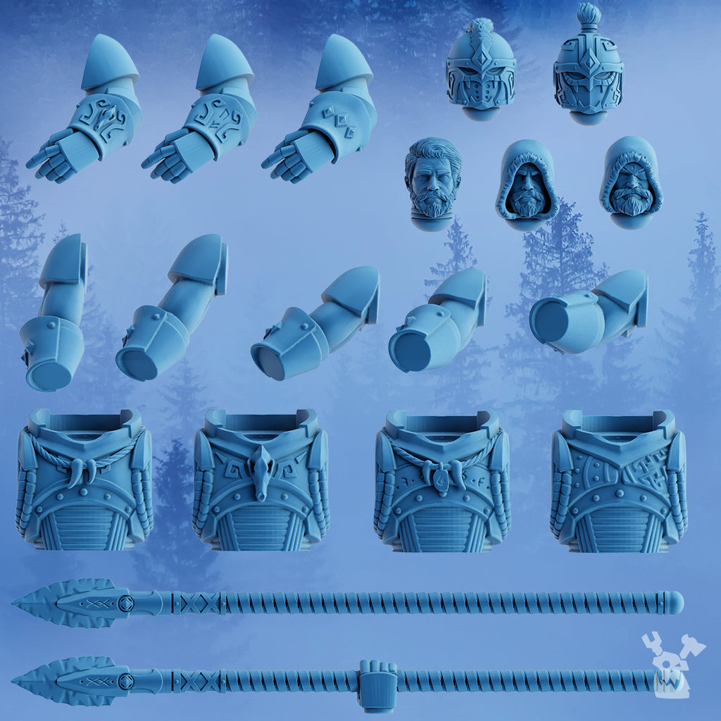 Modular parts for the DakkaDakka Wolfriders Squad, showing rider heads, helmets, arms, torsos, armor pieces, and long spear weapon options.