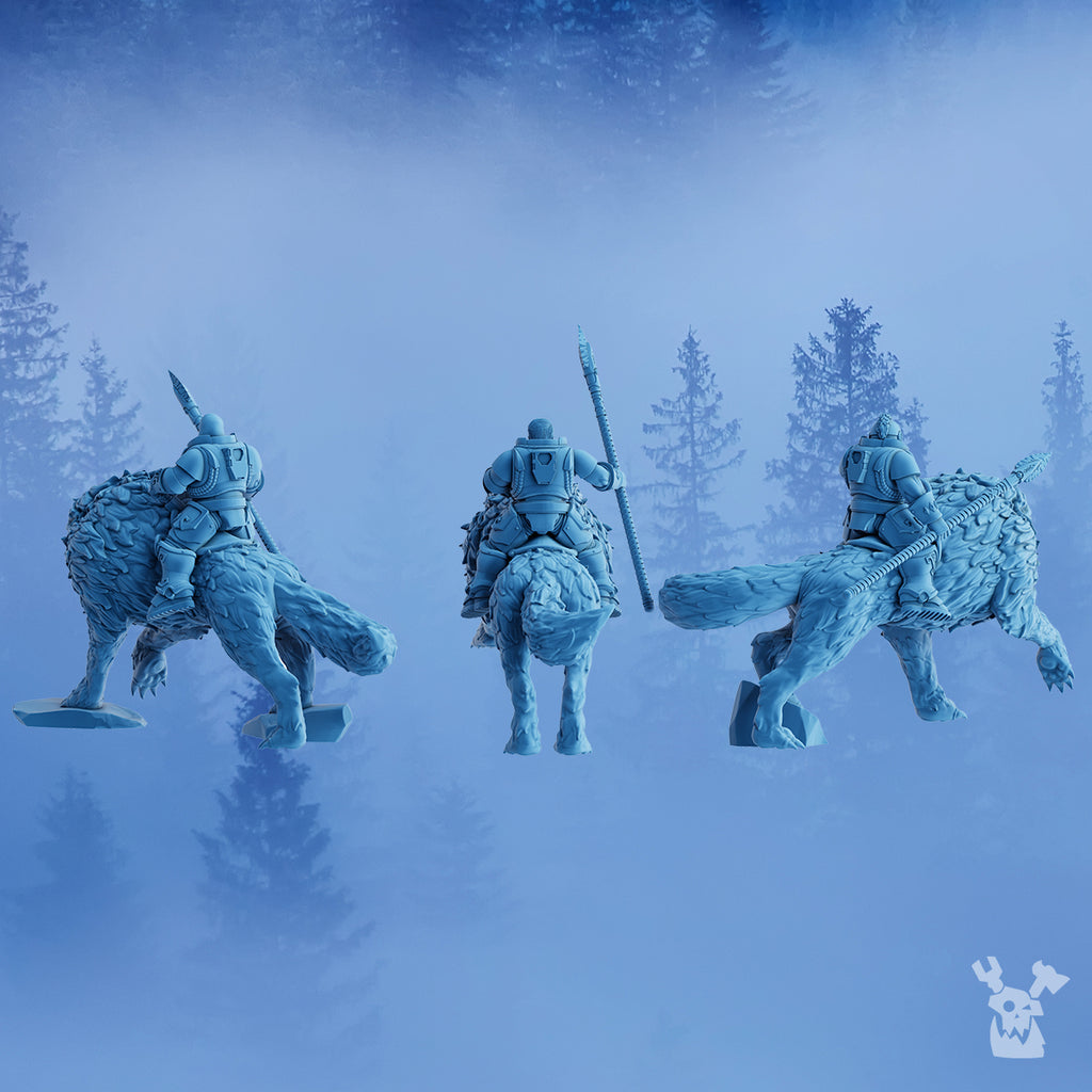 Rear view of the DakkaDakka Wolfriders Squad, showing three armored riders mounted on large wolf-like beasts with spears and winter-themed sci-fi details.