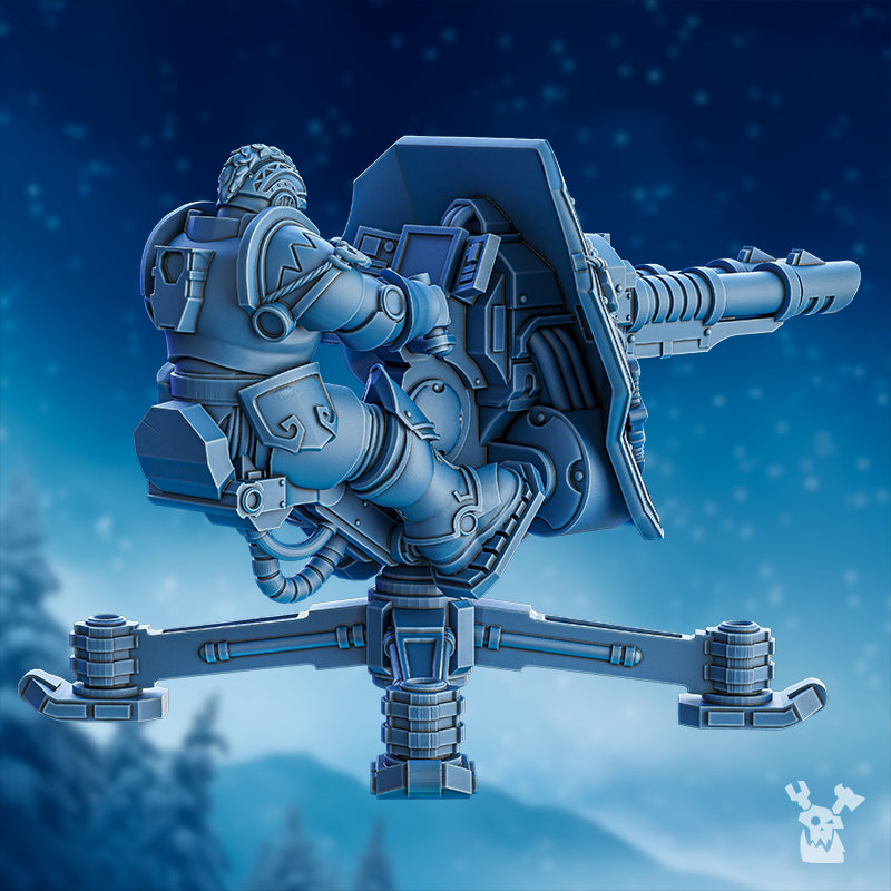 Rear view of the Stormbringers Turret by DakkaDakka, showing the seated armored gunner, turret mechanics, support base, shield details, and heavy weapon assembly.