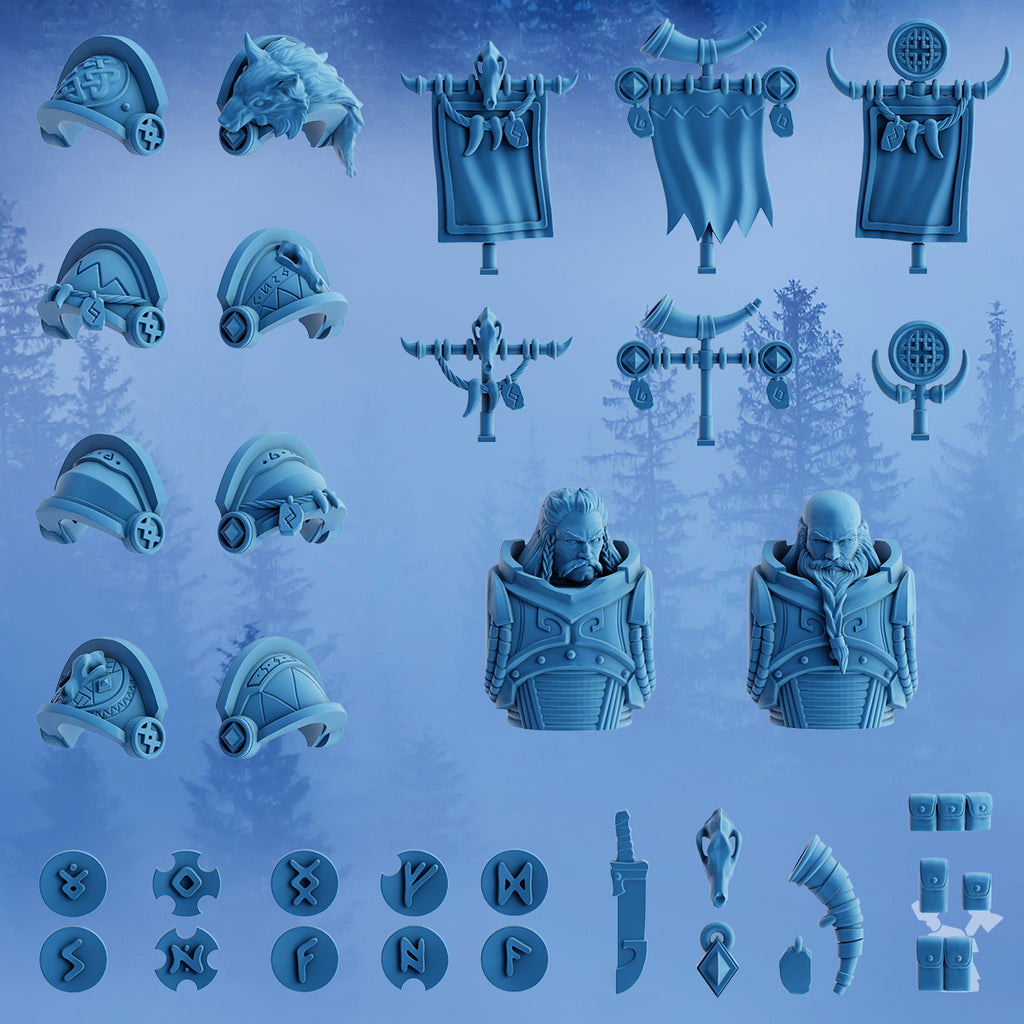 Stormbringer Bits & Banners Upgrade Set by DakkaDakka showing resin conversion parts including shoulder armor, wolf head, banners, heads, rune plates, trophy pieces, horn, knife, and accessory bits.