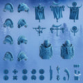 Stormbringer Bits & Banners Upgrade Set by DakkaDakka showing resin conversion parts including shoulder armor, wolf head, banners, heads, rune plates, trophy pieces, horn, knife, and accessory bits.