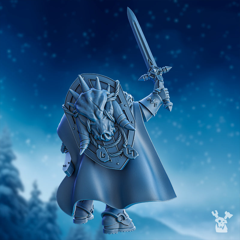 Rear view of Stormbringers Bob the Mascot by DakkaDakka, showing the flowing cloak, fur-lined armor, shield-like back detail, raised sword, and mascot character sculpt.