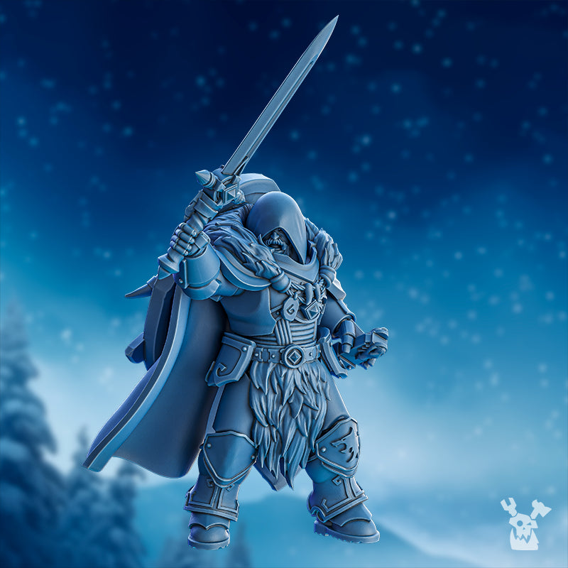 Stormbringers Bob the Mascot miniature by DakkaDakka, shown from the front with hooded armor, raised sword, fur details, cloak, and fantasy warrior styling.
