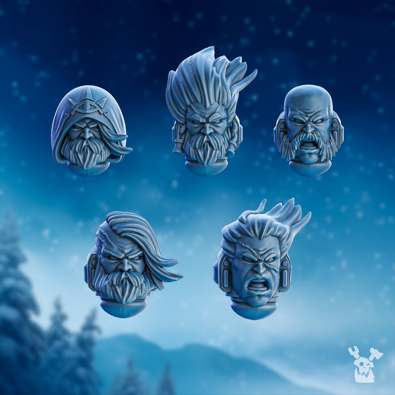 Stormbringers Commander Heads by DakkaDakka, showing five unique fantasy head styles included as a set of 10 resin head bits, with hooded detail, beards, scarred faces, windswept hair, and northern warrior styling.