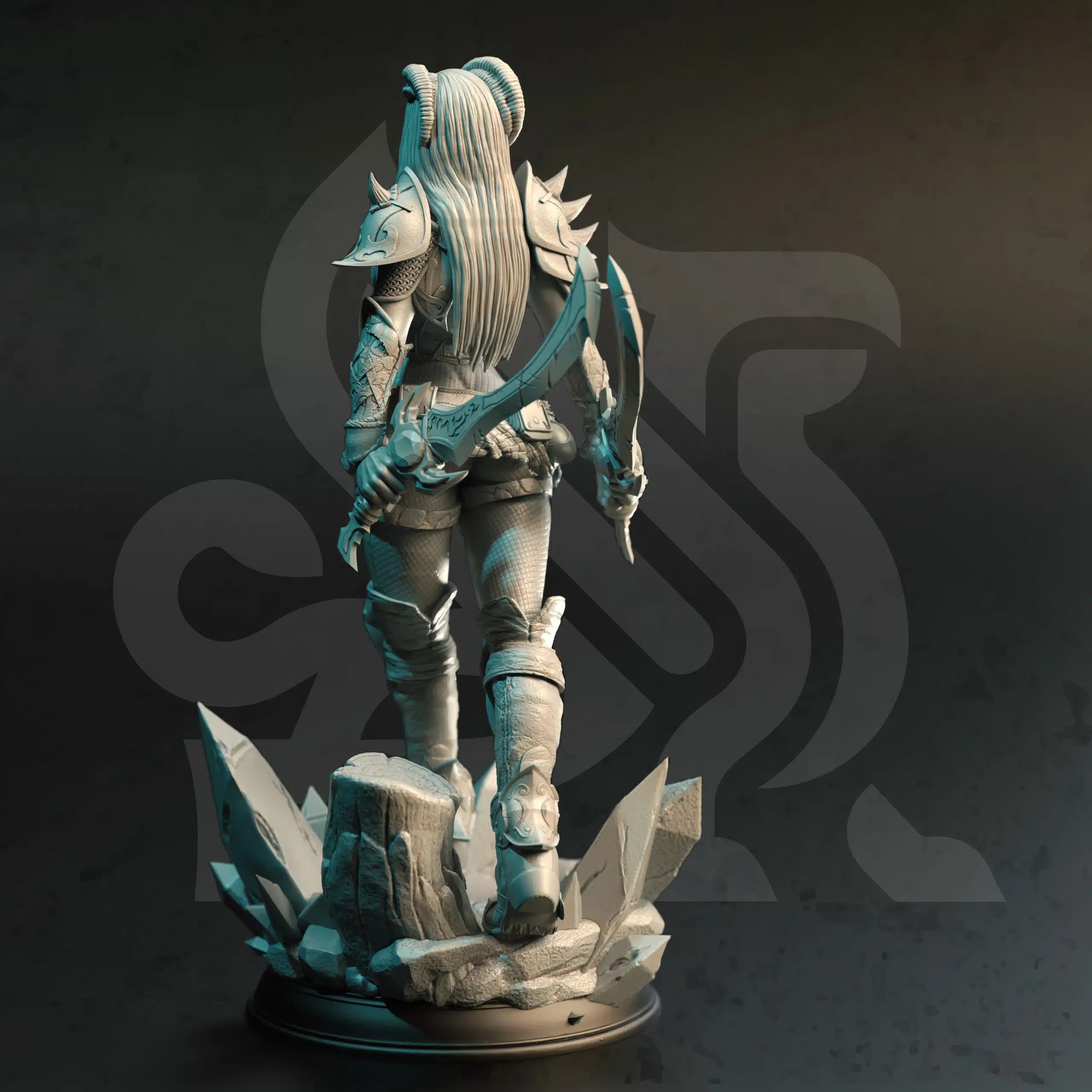 Rear view of Orlena Supreme Master of Poisoned Talons miniature, showing tiefling horns, armor, hair, weapon, and scenic RPG base.
