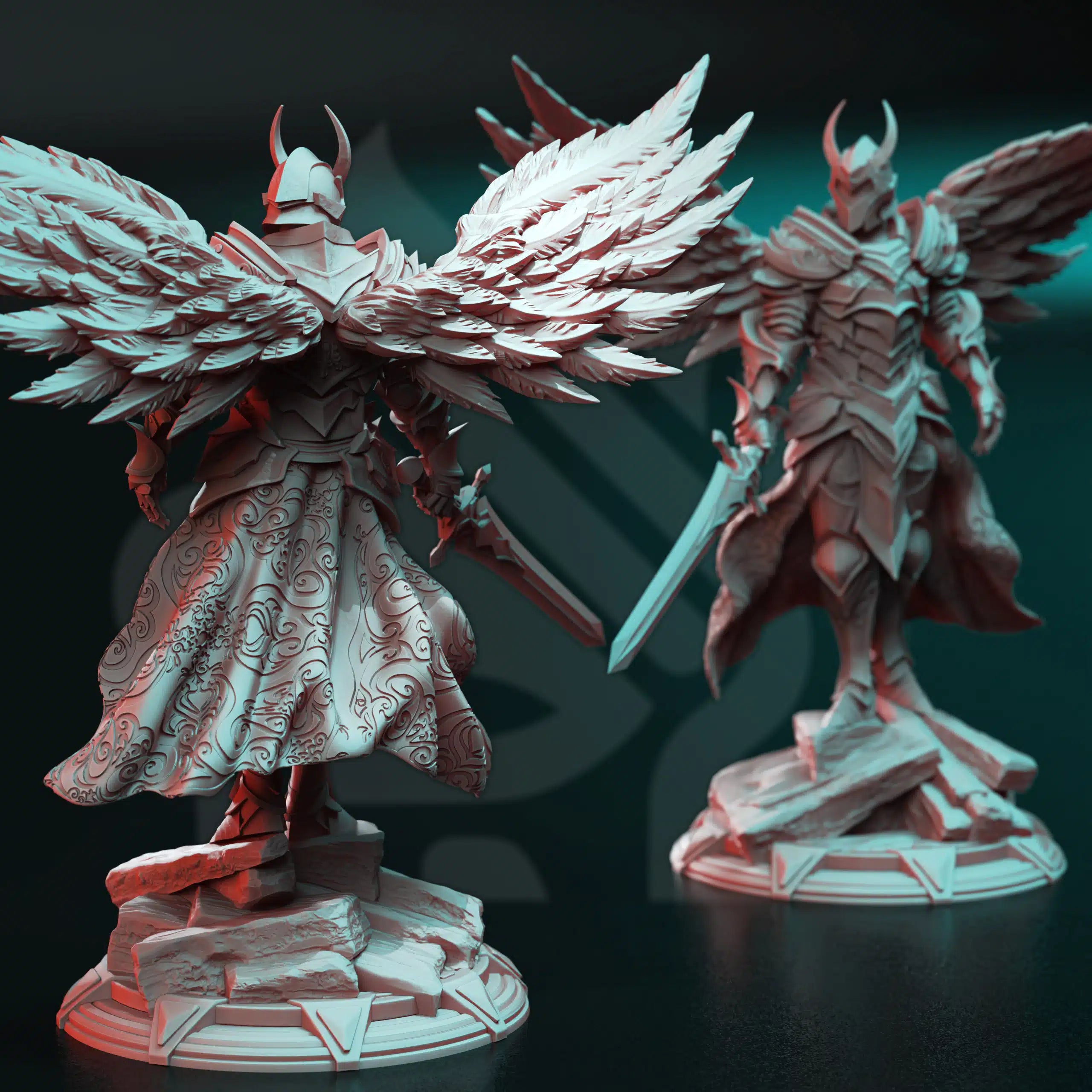 Front view of Syelros The Ender by DM Stash, celestial angel knight miniature with spread wings, horned helm, plate armor, sword, and rocky base.