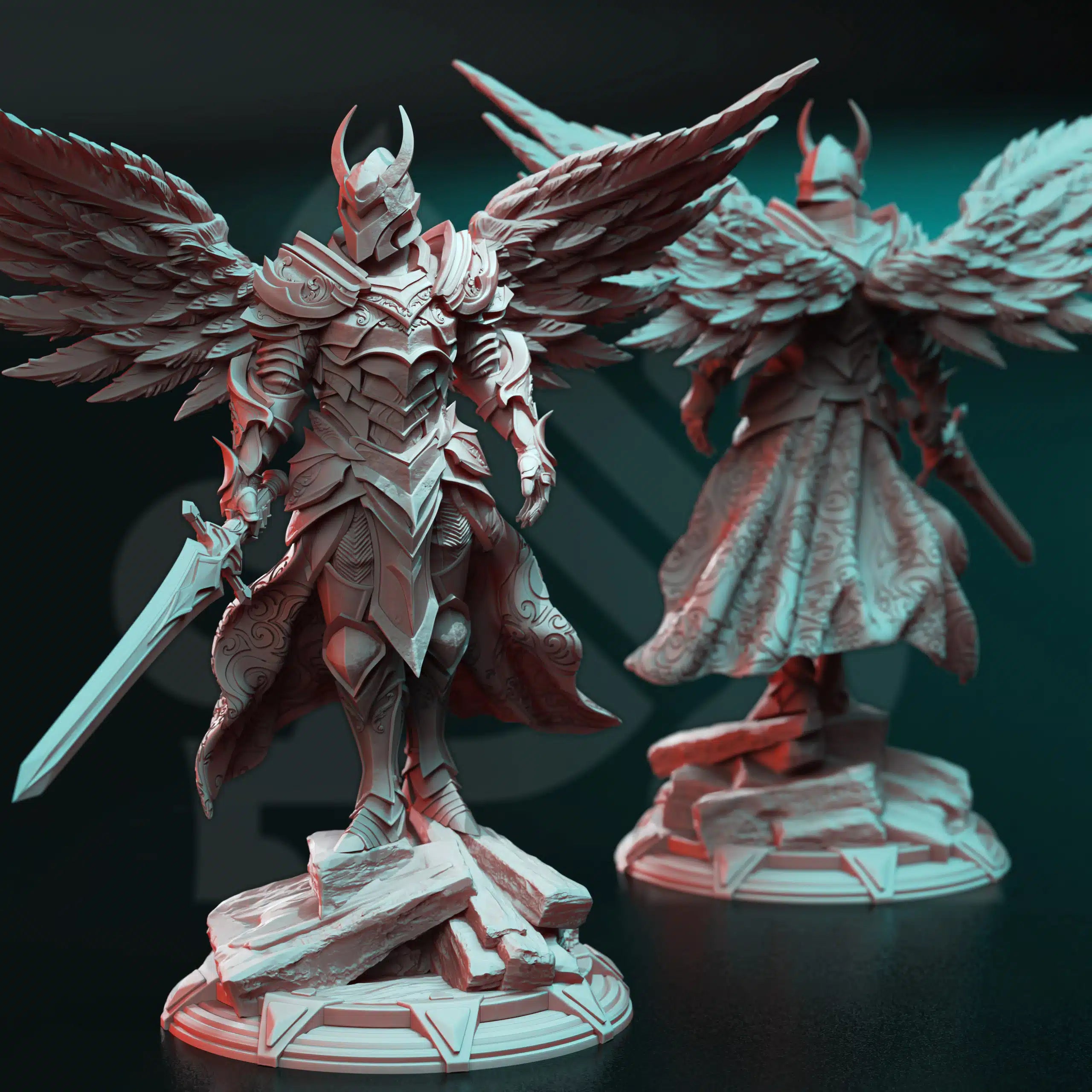 Rear view of Syelros The Ender celestial warrior miniature by DM Stash, showing feathered wings, flowing cloak, sword, armor details, and RPG base.