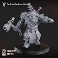 Front view of the Tech Boy sci-fi orc mechanic by DakkaDakka holding a coil-powered industrial hammer and pointing with an insulated gauntlet.
