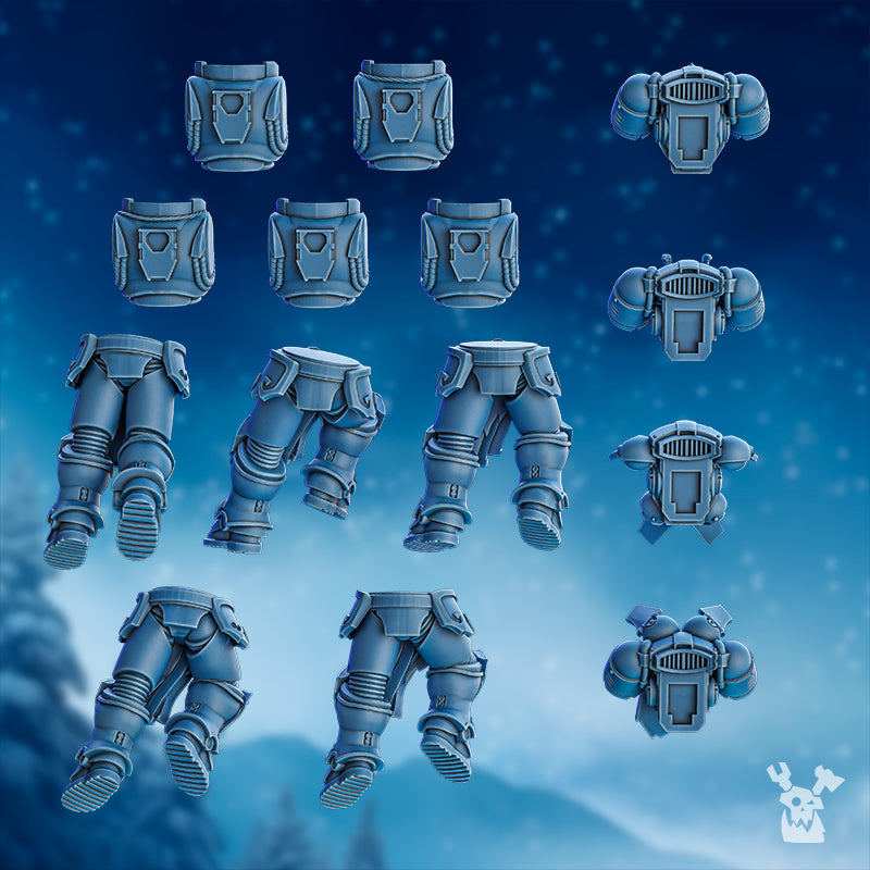 Tempest Wolves Squad rear view of base body components showing plain torsos, legs, and backpack-style parts for five modular Stormbringers models.