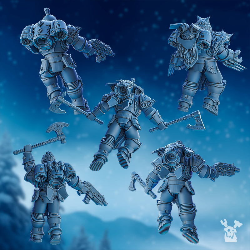 Rear view of five assembled Tempest Wolves Squad models by DakkaDakka showing backpacks, armor details, and weapon loadouts.