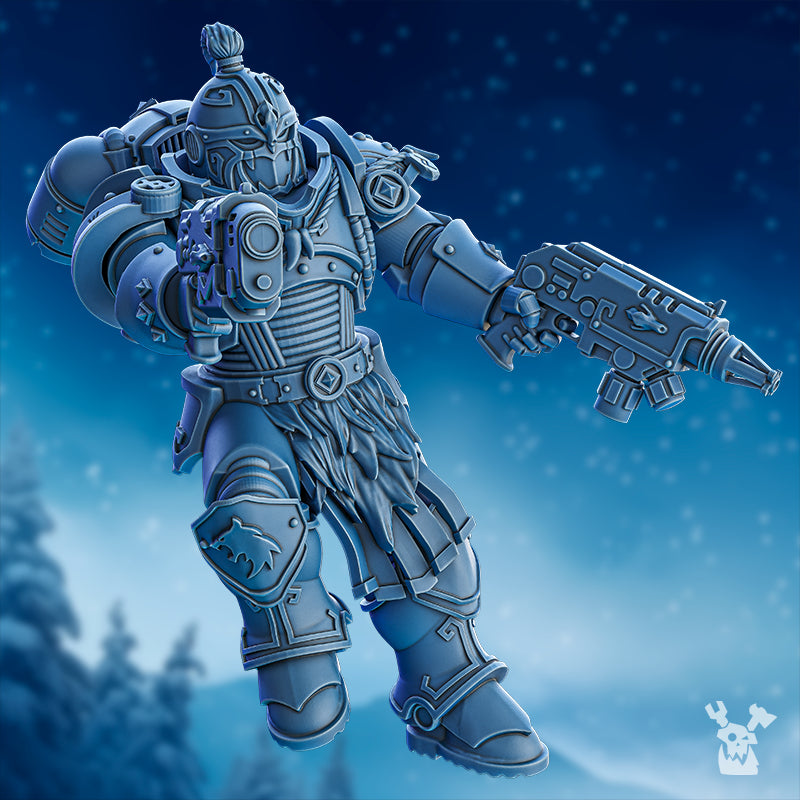 Tempest Wolves Squad assembled model by DakkaDakka aiming a pistol, shown with ornate armor and wolf-themed details.