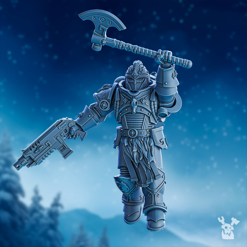 Tempest Wolves Squad assembled model by DakkaDakka raising an axe and carrying a pistol, shown in dynamic action pose.