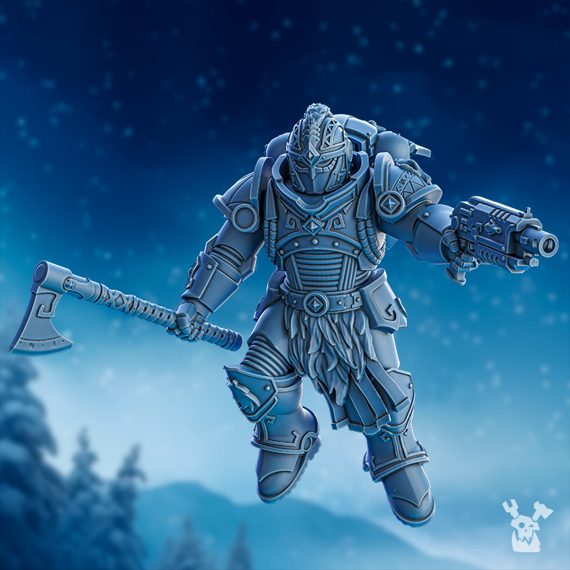 Tempest Wolves Squad assembled model by DakkaDakka with pistol and axe, ornate armor, and wolf-themed details from the Stormbringers line.