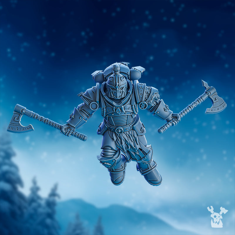 Tempest Wolves Squad assembled model by DakkaDakka with dual axes, ornate armor, and horned helmet from the Stormbringers line.