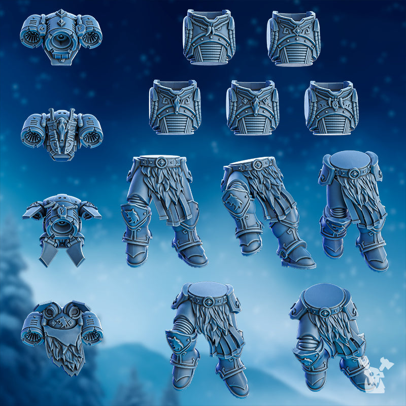Tempest Wolves Squad base body components showing plain torsos, legs, and backpack-style parts for five modular Stormbringers models.