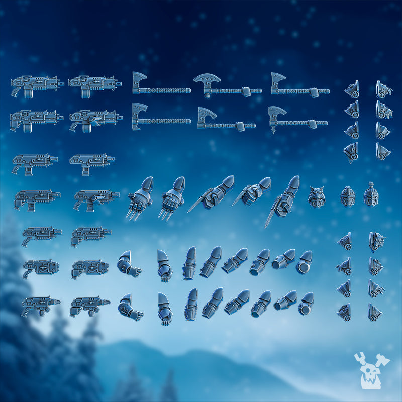 Tempest Wolves Squad by DakkaDakka showing modular weapon, arm, shoulder, and accessory bits for a Stormbringers sci-fi infantry squad.