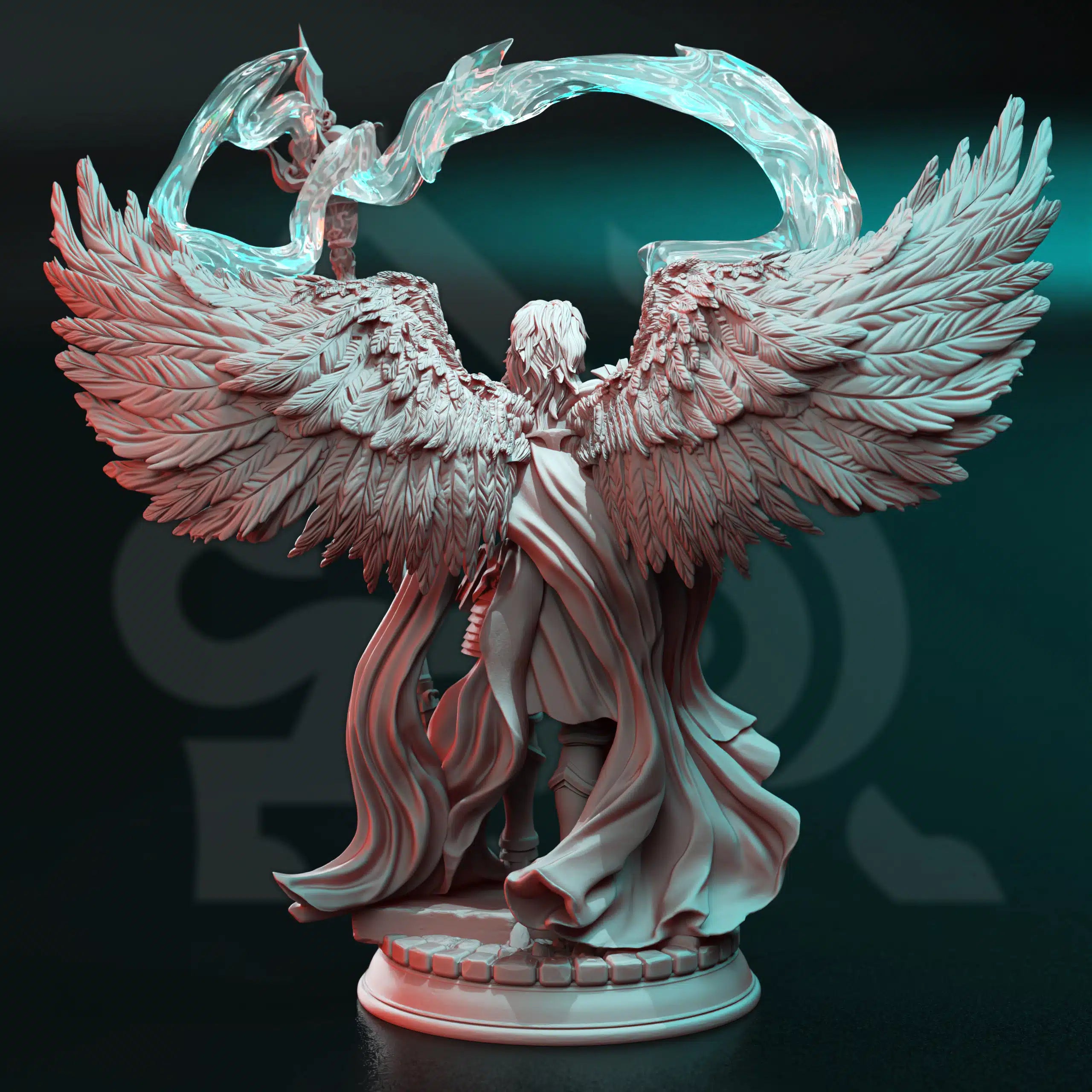 Rear view of Tharavës The Wise Warrior celestial NPC miniature by DM Stash, showing wings, robes, armor, staff, and fantasy base.