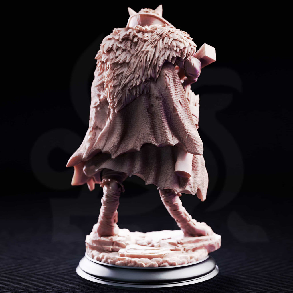 Rear view of The Big Bad Wolf Hunter by DM Stash, showing the heavy cloak, layered fur texture, armor details, and scenic base.