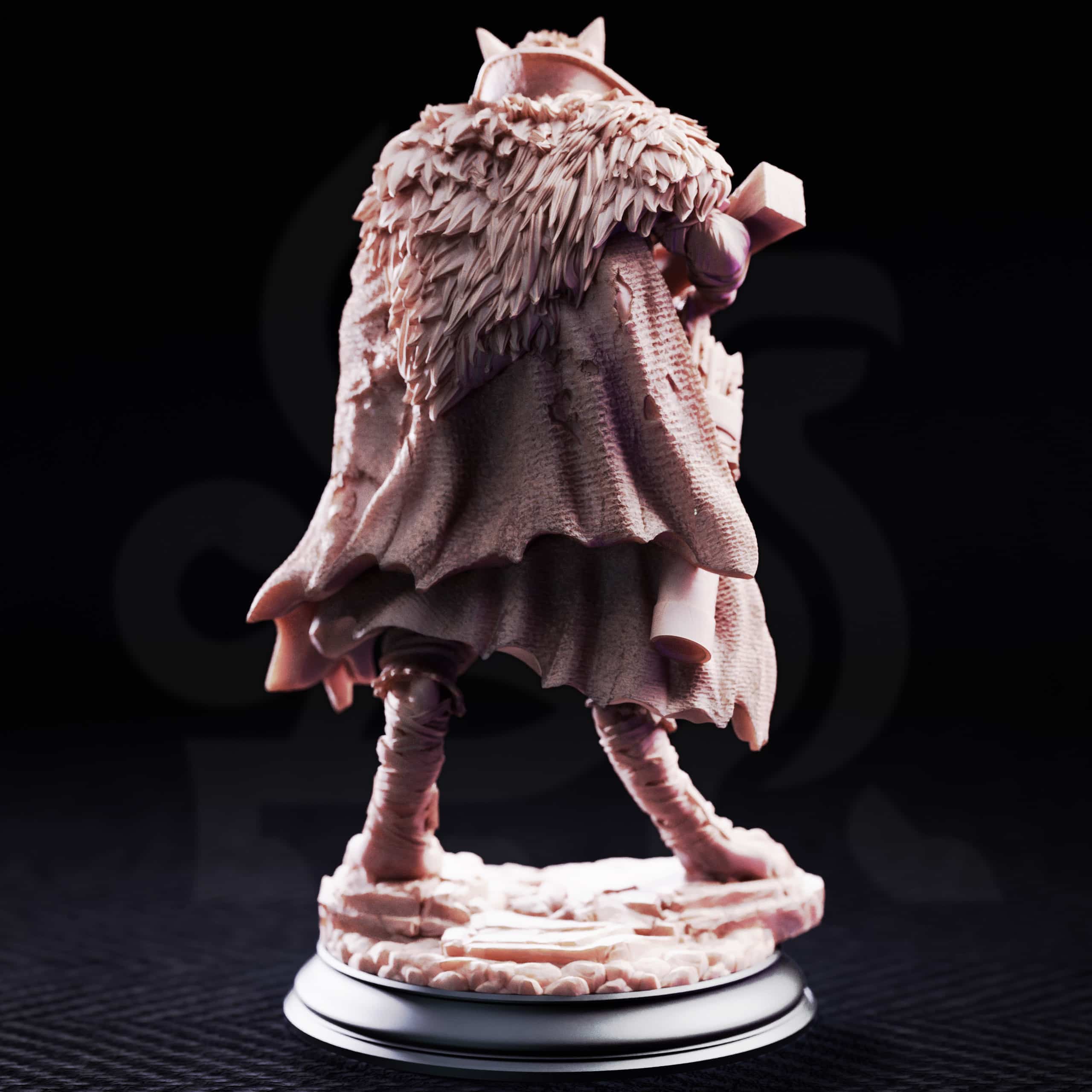 Rear view of The Big Bad Wolf Hunter by DM Stash, showing the heavy cloak, layered fur texture, armor details, and scenic base.